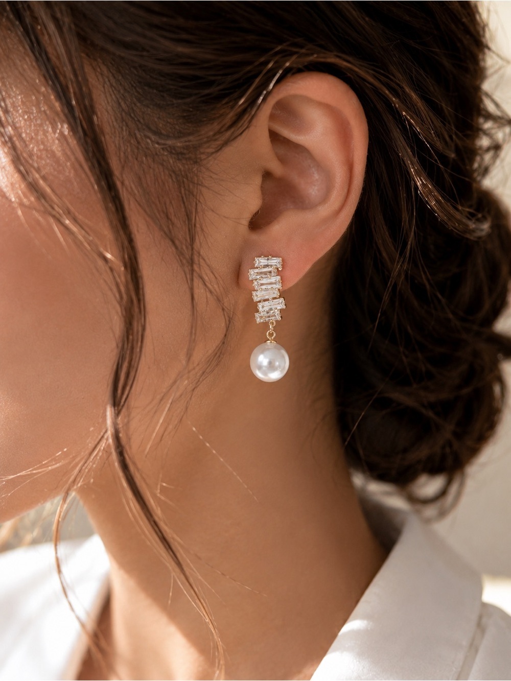 NEW Pearl Drop Rhinestone Earrings Gold Tone Bridal Wedding Glam Statement